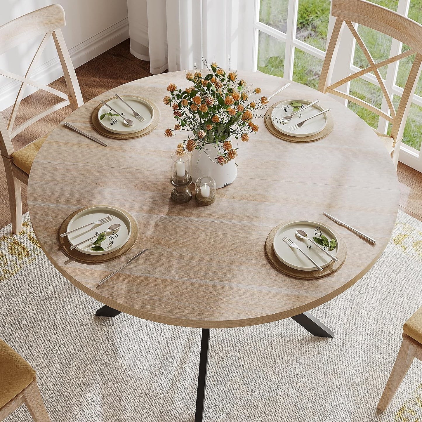 47.2 Inch round Dining Table for 4, Farmhouse Wood Kitchen Table, Circle Dinner Table for Kitchen & Dining Room, Grey