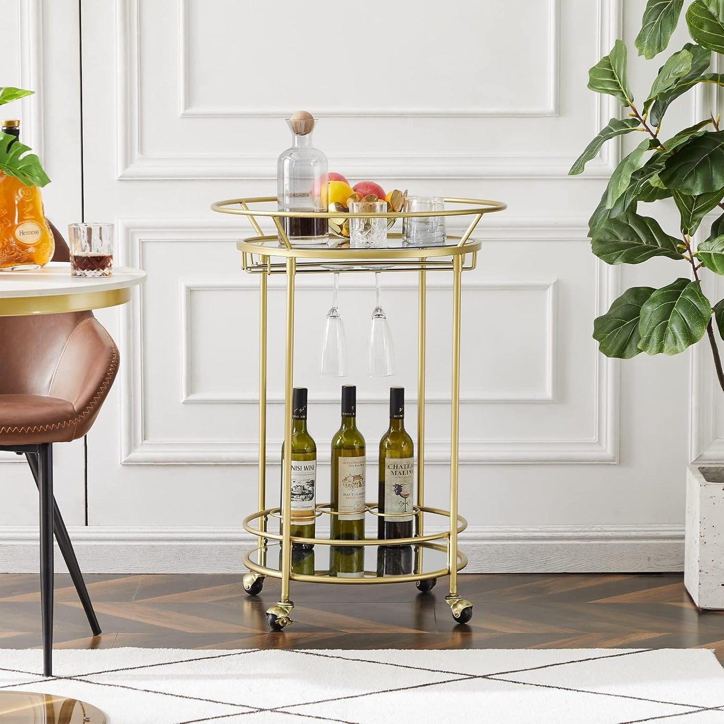 round Gold Rolling Bar Cart Wine Rack and Lockable Casters,2 Mirrored Shelves Serving Cart for Kitchen, Club, Living Room