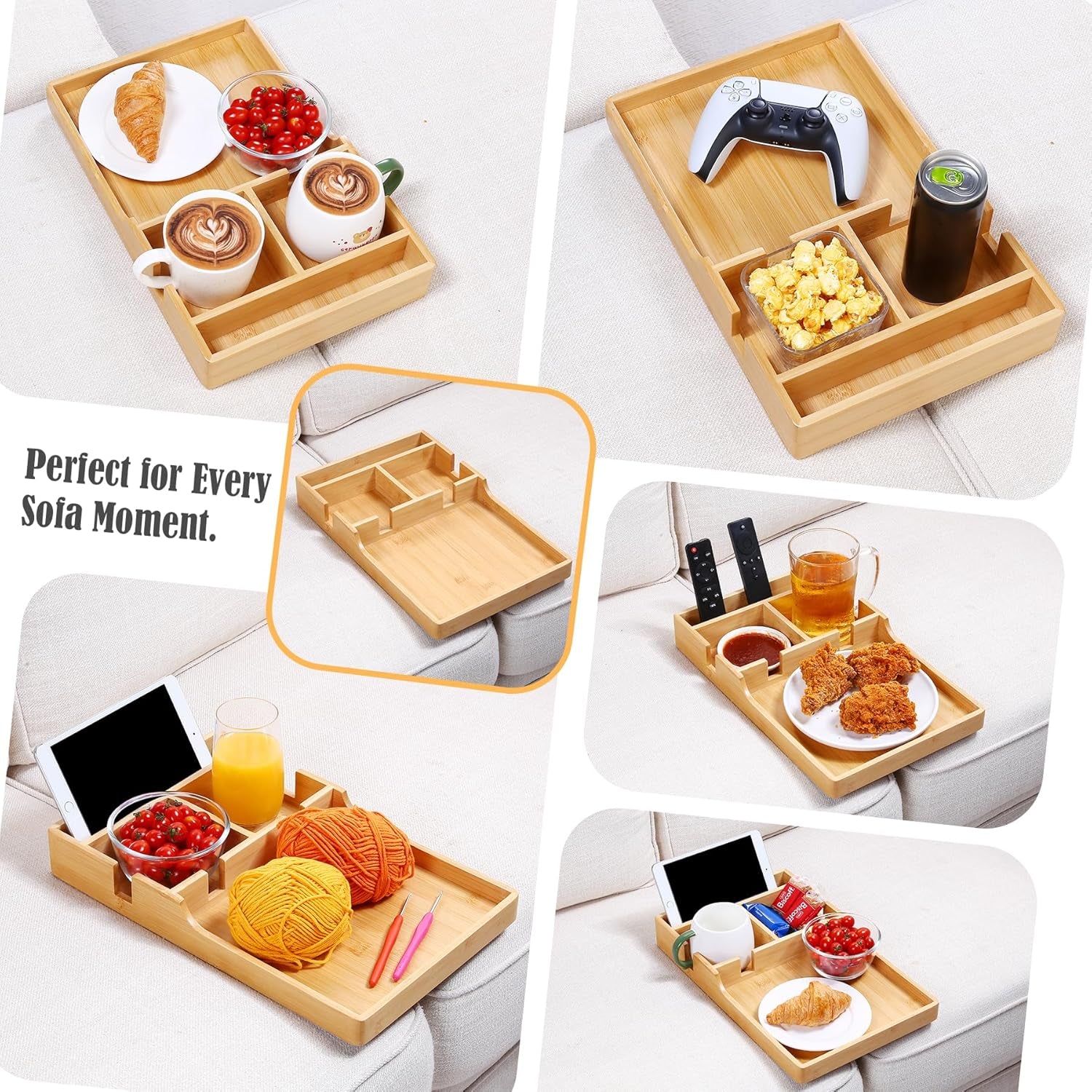 Couch Tray, 2-In-1 Insert & Flat Sofa Organizer Bamboo with 2 Cup Holders,Fits Seat Gaps or Ottomans,For Snacks, Drinks, Remotes,15.35X9.84-Inch