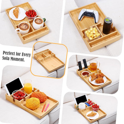 Couch Tray, 2-In-1 Insert & Flat Sofa Organizer Bamboo with 2 Cup Holders,Fits Seat Gaps or Ottomans,For Snacks, Drinks, Remotes,15.35X9.84-Inch
