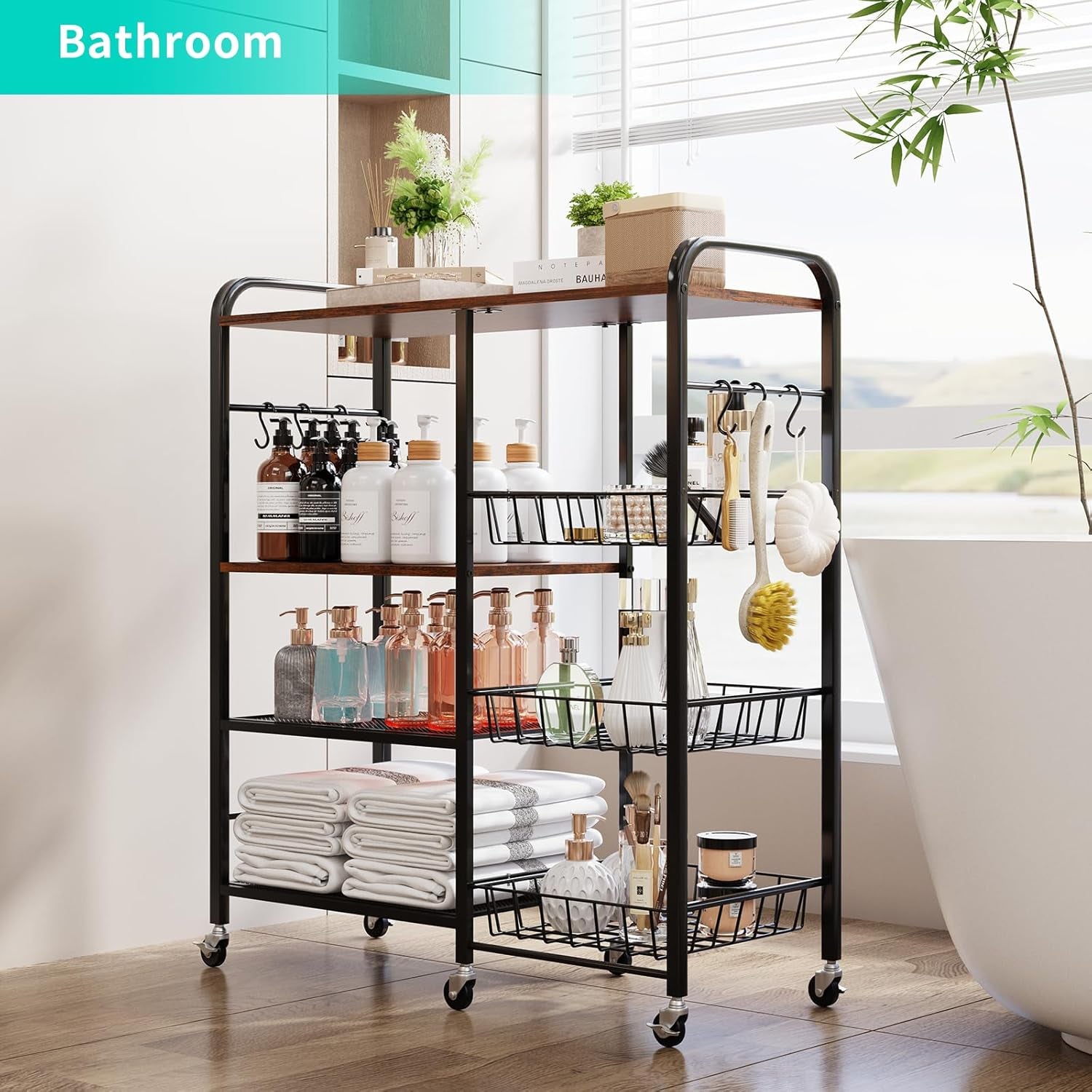 Rolling Kitchen Microwave Cart - 4 Tier Microwave Table Stand with Pull-Out Baskets, Coffee Bar Baker'S Rack with Wheels Rolling Storage Cart Organizer Shelf for Living Room Office, Balcony