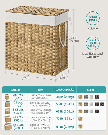 Laundry Hamper with Lid, 110L Clothes Hamper with 2 Removable Liner Bags, 6 Mesh Bags, Wicker Laundry Basket, Double Laundry Hamper for Bathroom, 13 X 22.4 X 23.6 Inches, Natural ULCB52NL