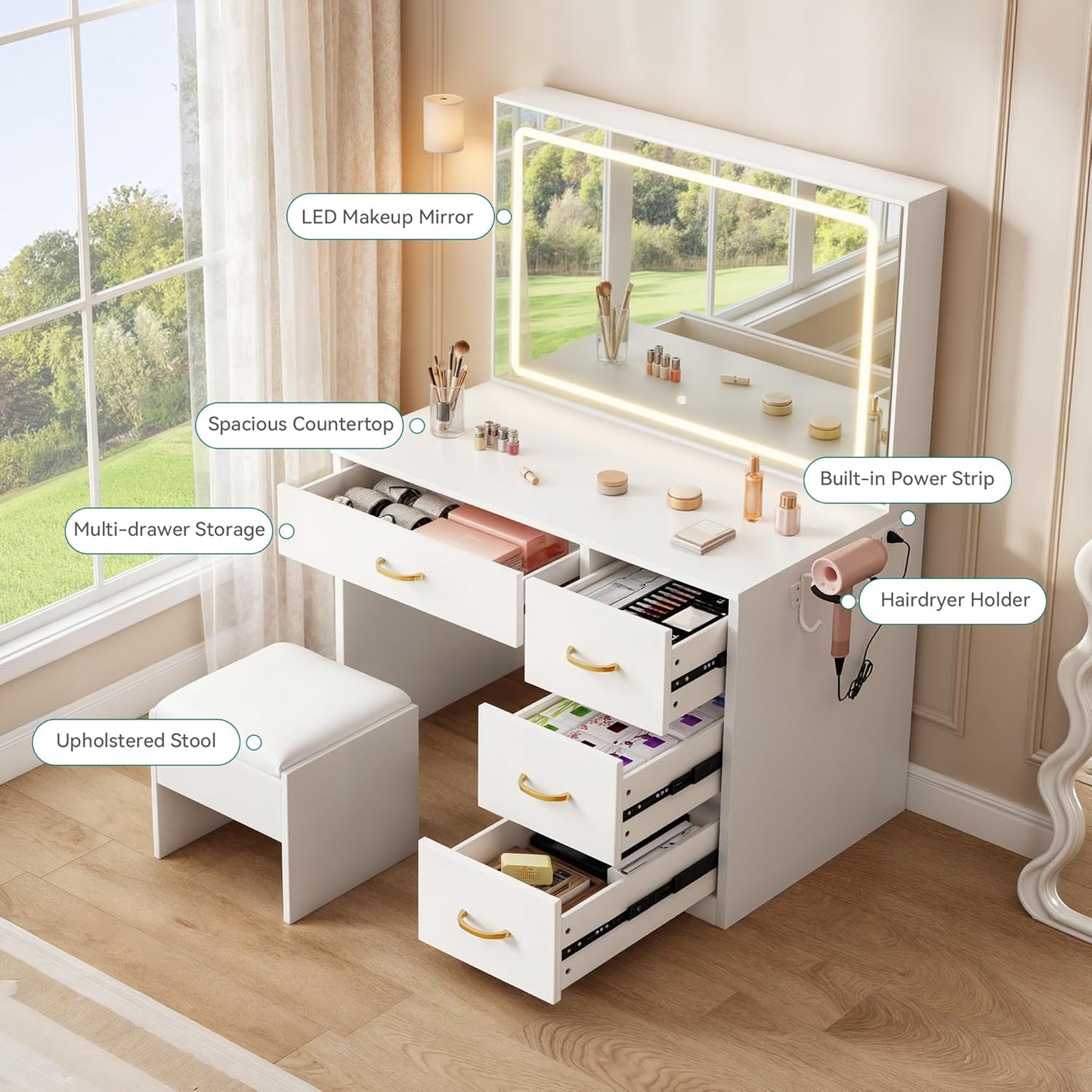 Vanity Desk Set with Large 35" LED Mirror and Lights, Makeup Table with 4 Drawers & Stool, 2 AC Outlets and 2 USB Ports, Adjustable Lighting, Modern Ample Storage Dressing Table, White