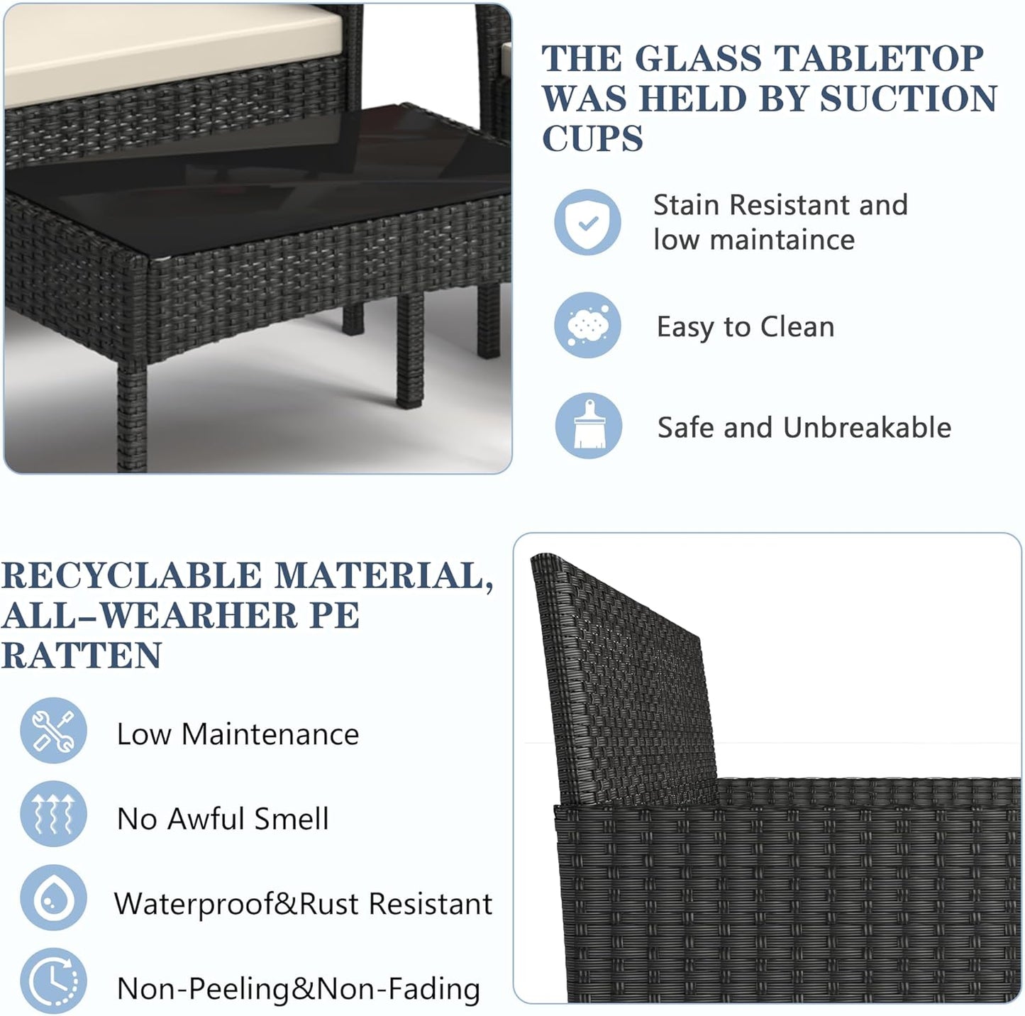 4 Pieces Patio Furniture Set, Outdoor Wicker Rattan Patio Conversation Furniture Set with Waterproof Cushion and Table for Lawn Backyard, Garden, Balcony, Porch and Poolside (Black)