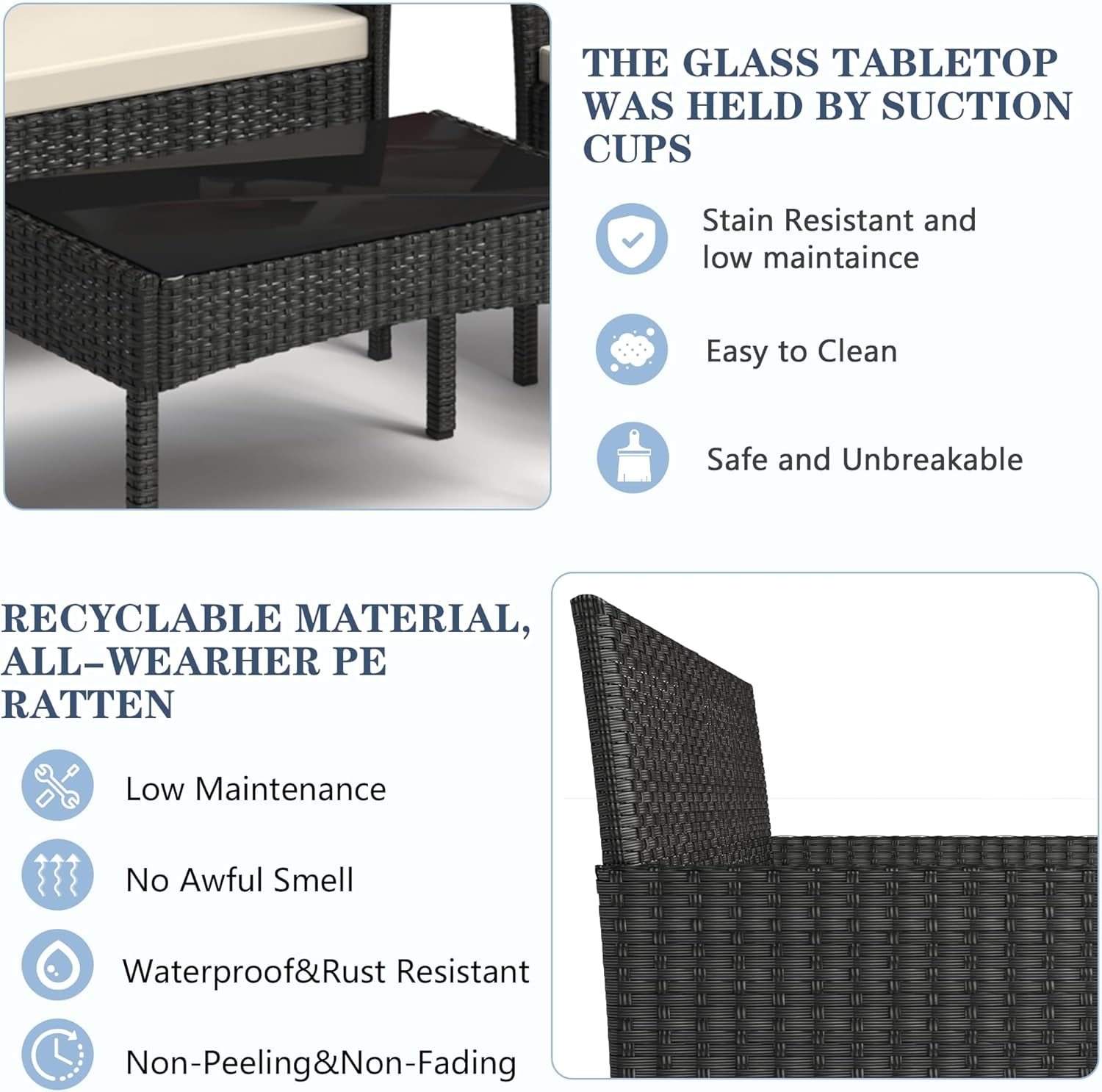 4 Pieces Patio Furniture Set, Outdoor Wicker Rattan Patio Conversation Furniture Set with Waterproof Cushion and Table for Lawn Backyard, Garden, Balcony, Porch and Poolside (Black)