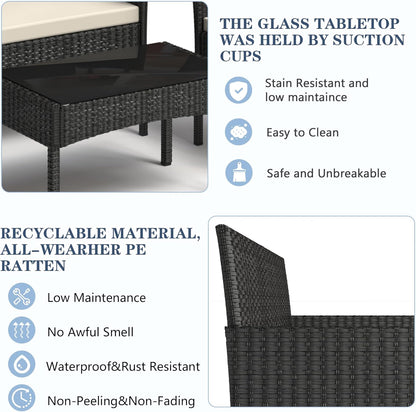 4 Pieces Patio Furniture Set, Outdoor Wicker Rattan Patio Conversation Furniture Set with Waterproof Cushion and Table for Lawn Backyard, Garden, Balcony, Porch and Poolside (Black)