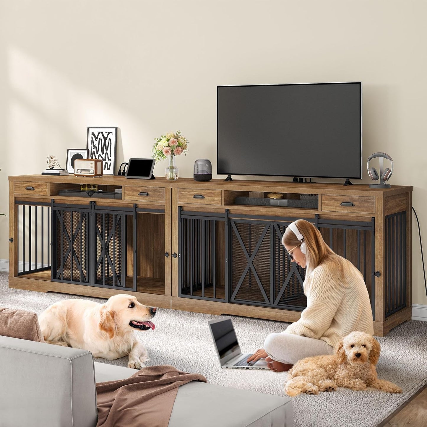 63 Inch Double Dog Crate TV Stand with Charging Station, Heavy Duty Wooden Dog Crate Furniture for 2 Dogs, Dog Kennel Indoor Furniture Double Sliding Barn Door Design Ideal for 2 Dogs, White