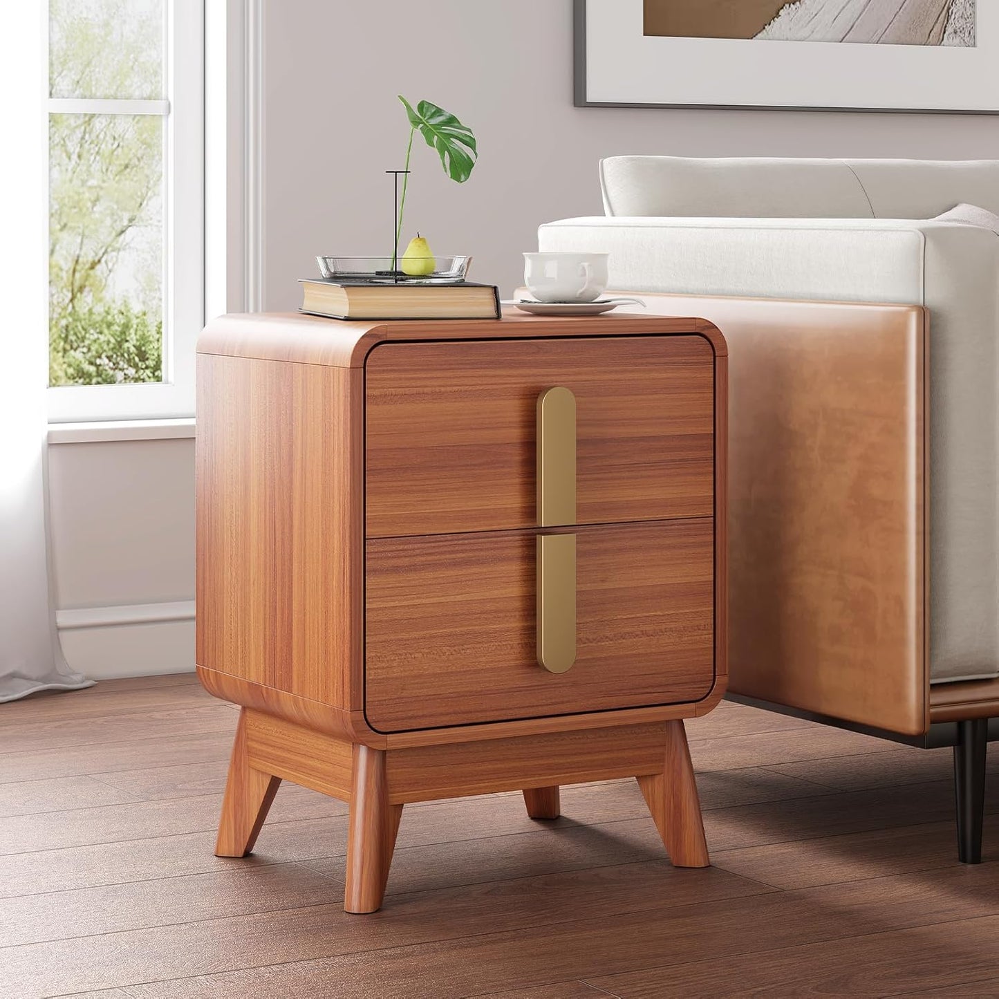 Nightstands Set of 2,Mid Century Modern Side Table with 2 Drawers & Solid Wood Legs,Curved Corner Bedside Table for Small Space,Bedroom,Cherry