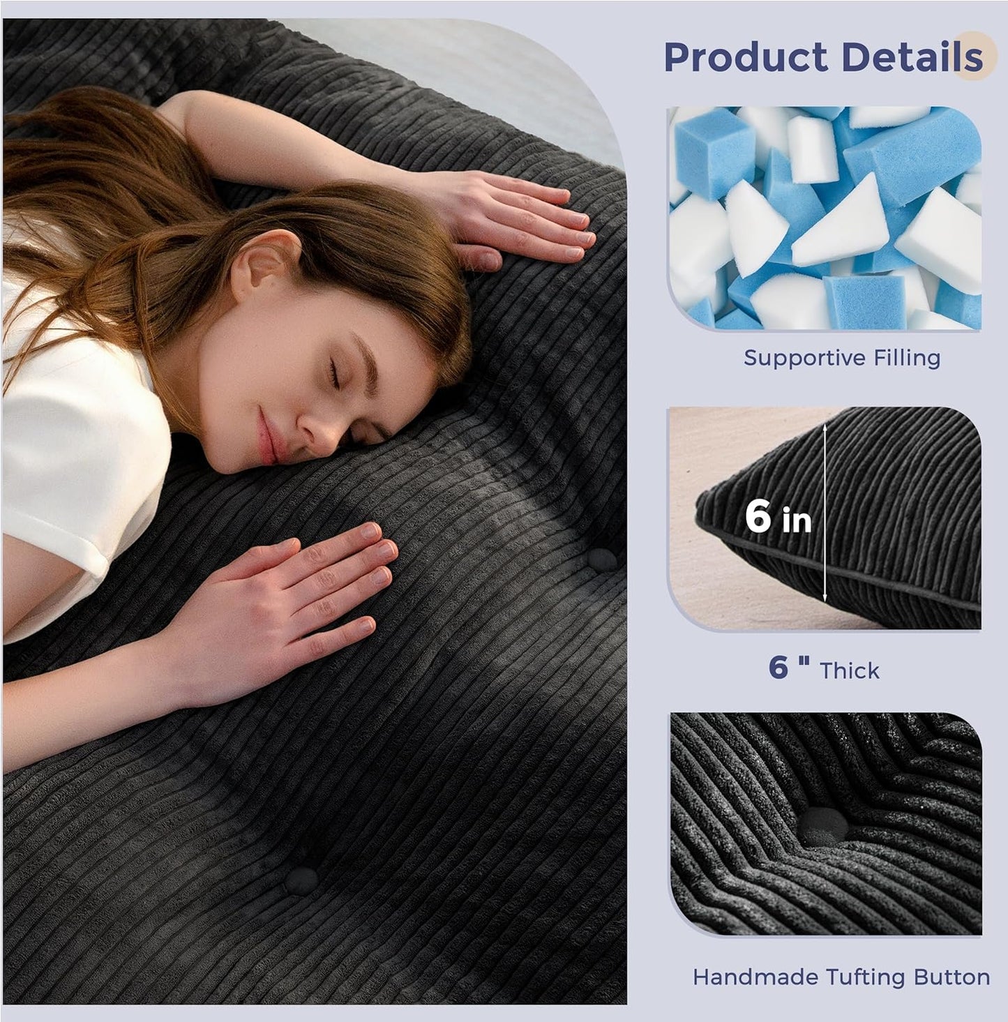 6" Japanese Floor Mattress, Foldable Futon Mattress Full Size, Tufted Roll up Floor Bed, Thick Tatami Mat Sleeping Pad Portable Lounger for Camping Guest Room Dormitory Bedroom RV, Black