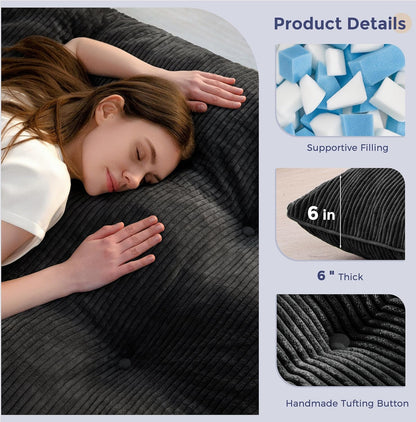 6" Japanese Floor Mattress, Foldable Futon Mattress Full Size, Tufted Roll up Floor Bed, Thick Tatami Mat Sleeping Pad Portable Lounger for Camping Guest Room Dormitory Bedroom RV, Black