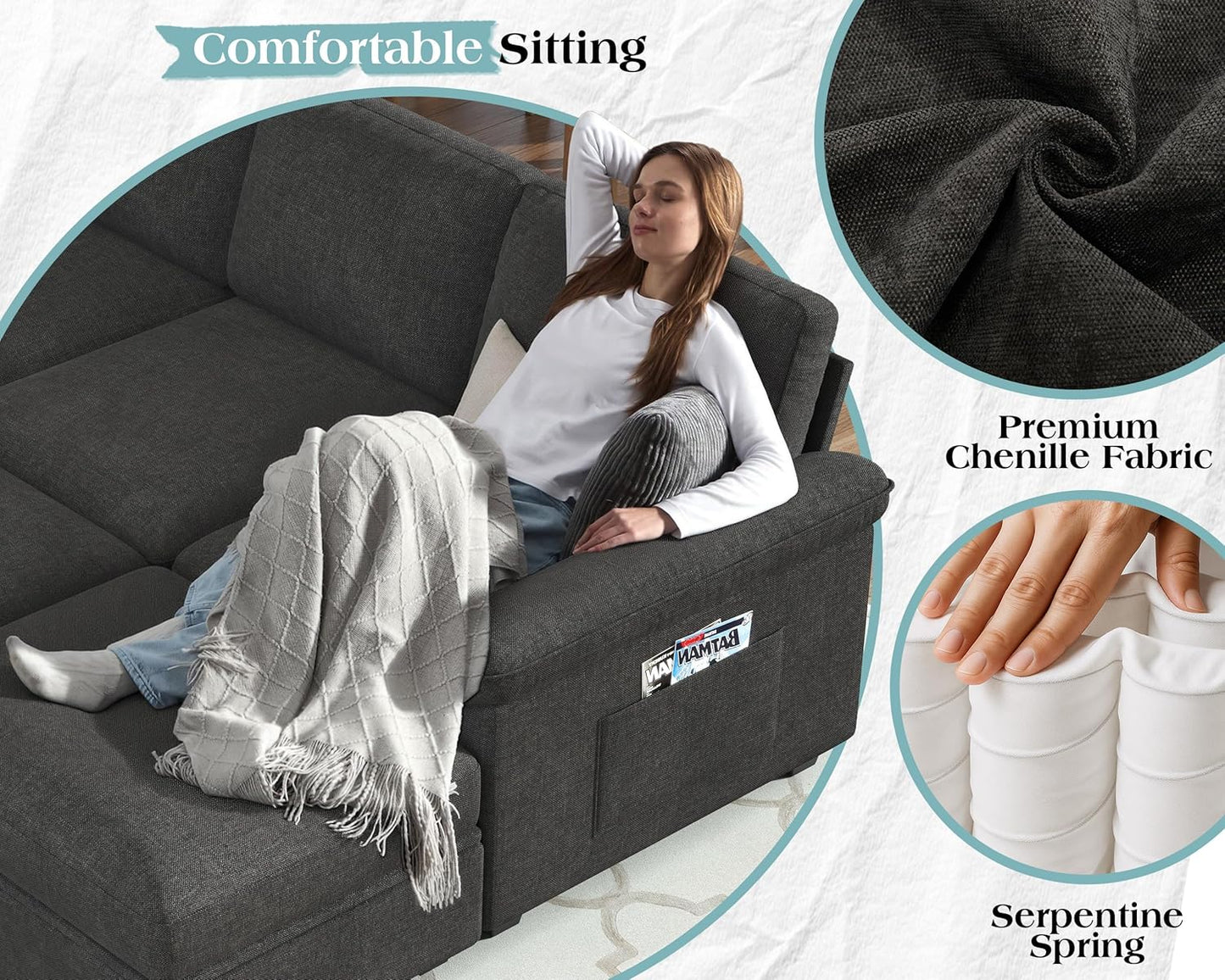 105" Sofa Bed, Sectional Sleeper Sofa with Pull Out Bed/Reclining Backrest, Sleeper Couch Bed with Storage, 6 Seater Couch Bed for Living Room, Chenille Dark Gray
