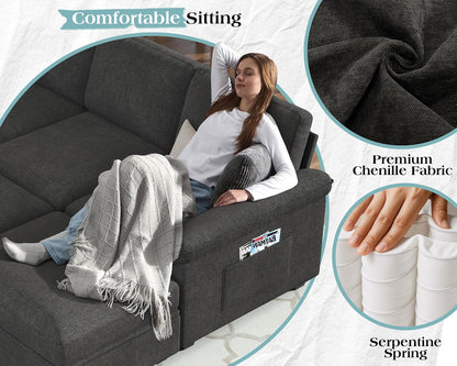105" Sofa Bed, Sectional Sleeper Sofa with Pull Out Bed/Reclining Backrest, Sleeper Couch Bed with Storage, 6 Seater Couch Bed for Living Room, Chenille Dark Gray
