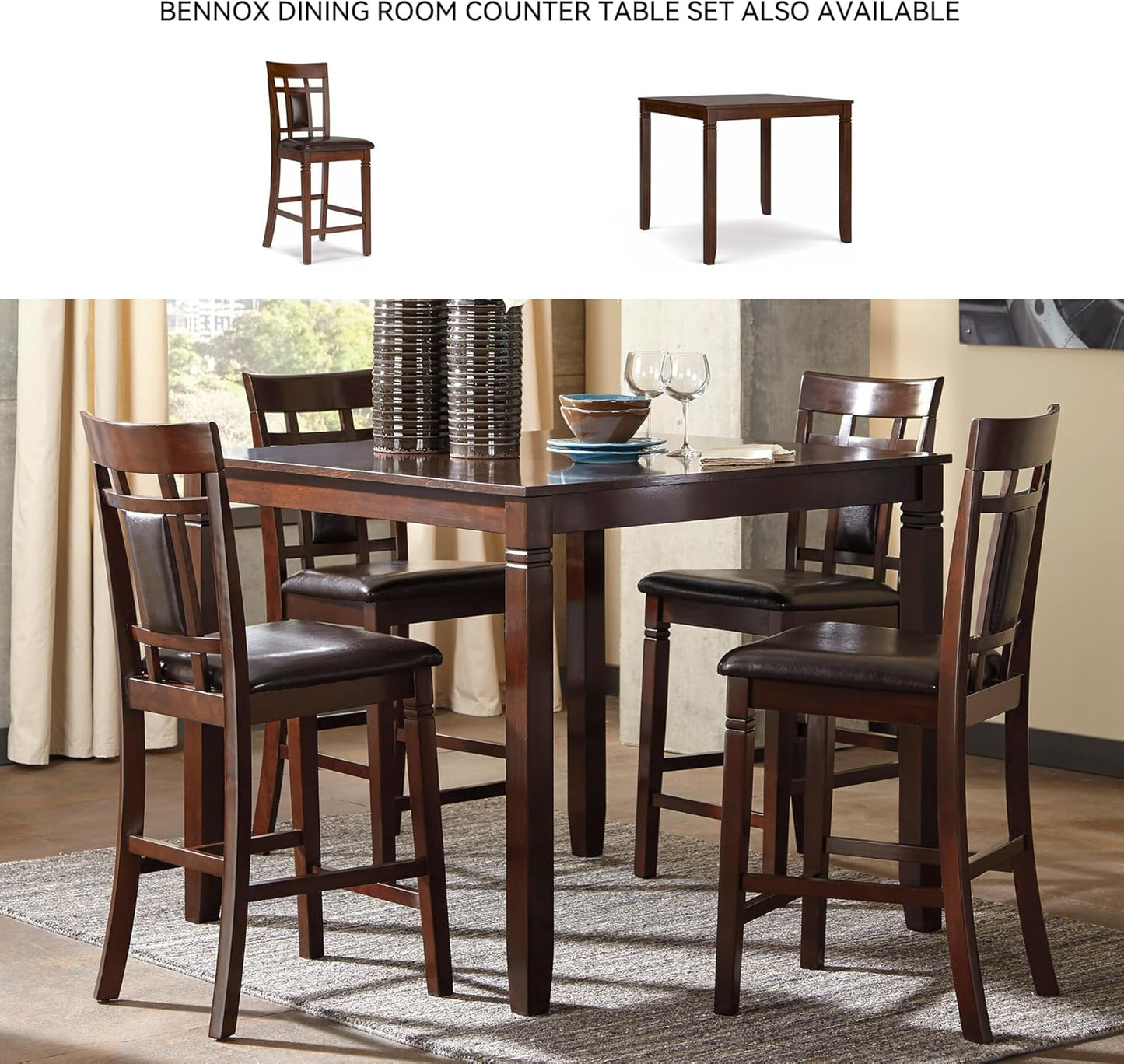 Bennox Dining Room Set, Includes Table, 4 18" Chairs & Bench, Brown