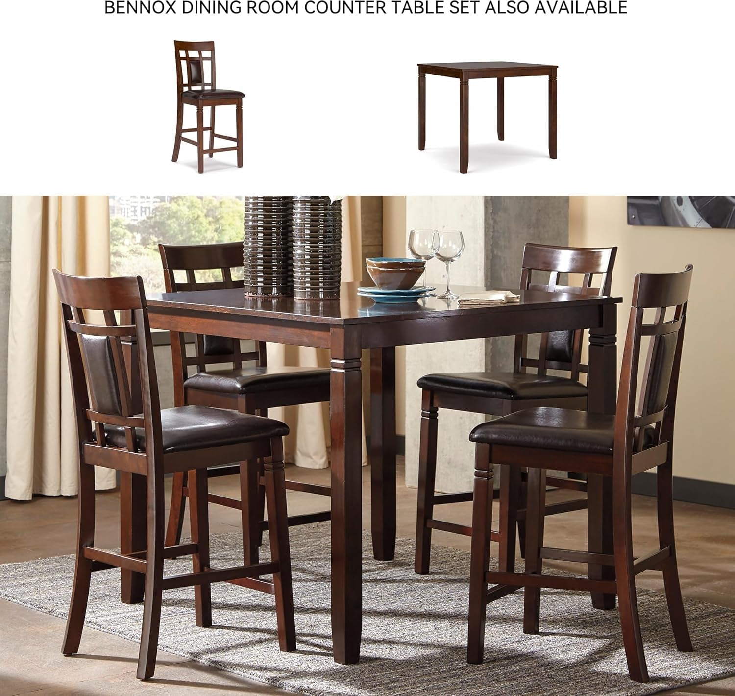Bennox Dining Room Set, Includes Table, 4 18" Chairs & Bench, Brown