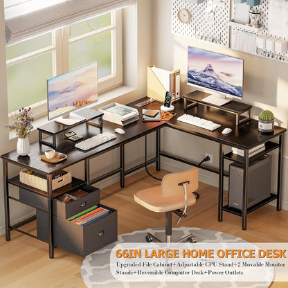 66” L Shaped Desk with Power Outlet, Reversible Computer Gaming Desk with File Drawer & 2 Monitor Stands for Home Office with Storage Shelves, Black