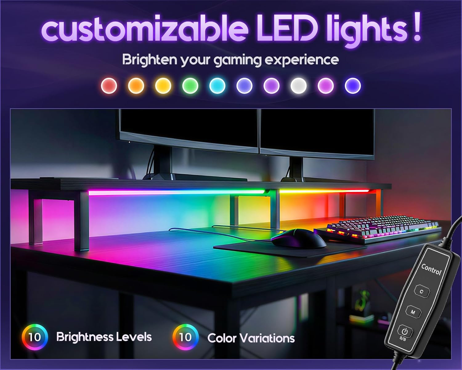 48 Inch Gaming Desk with LED Lights & Power Outlets, Computer Desk with Monitor Stand & Storage Shelves, CPU Stand, Home Office Desk, Black