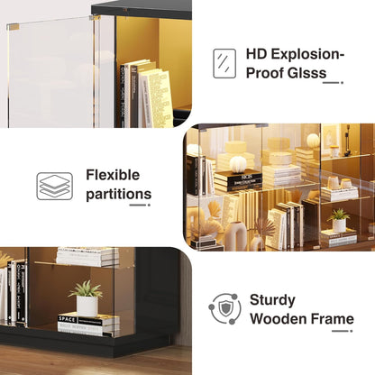 Glass Display Cabinet with Lock & LED Light, High Gloss Sideboard with Human Body Sensor & Glass Shelves for Toys, Books, Collectibles, Liquor, Bookcase for Living Room, Kitchen, Study, Black
