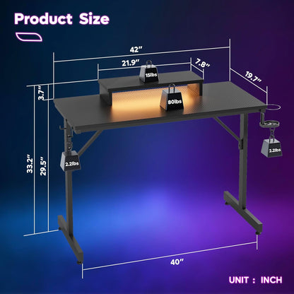 42 Inch Gaming Desk with LED Lights, Small Computer Gaming Table with Monitor Shelf, Gamer Desk with Headphone Hook, Kids Boys Computer Table with Black Carbon Fiber Texture