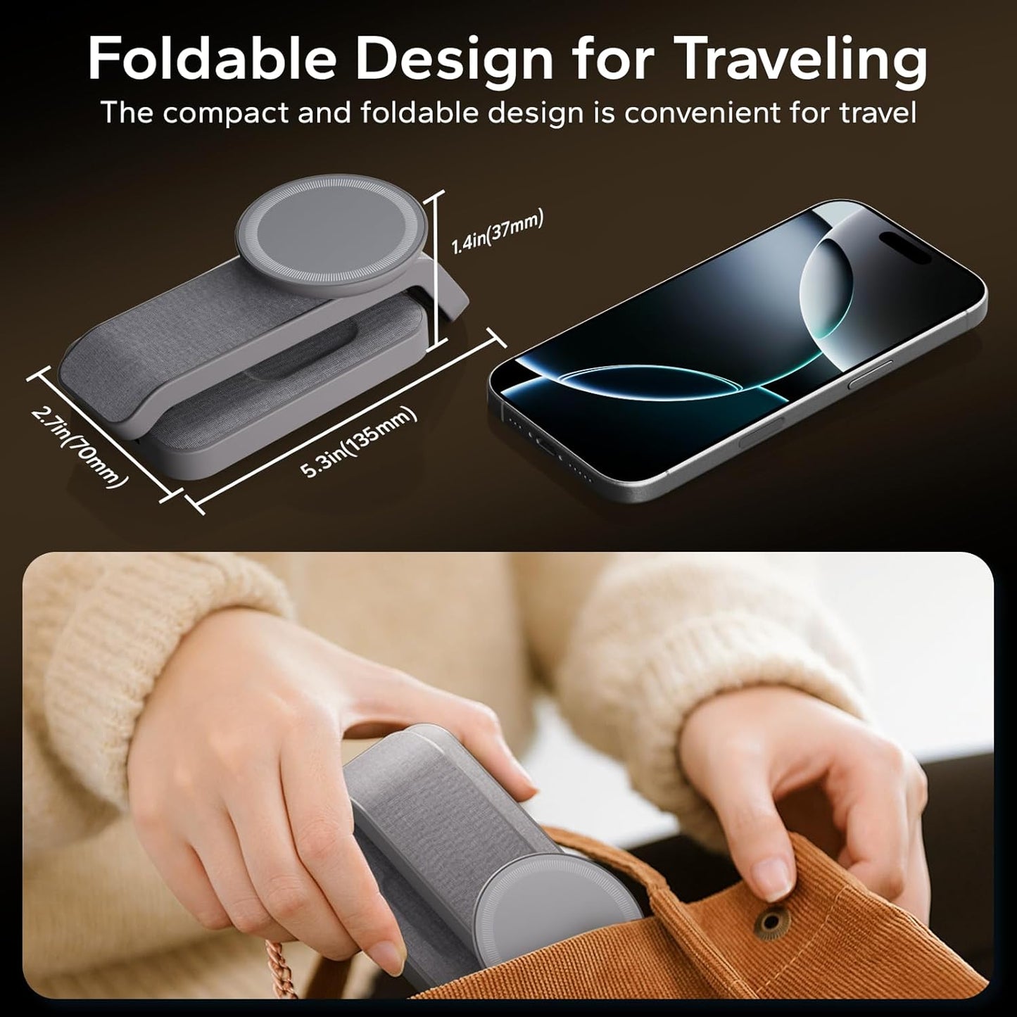 3 in 1 Foldable Wireless Charging Station for Magsafe, Nightstand Magnetic Charger Stand for Iphone 16 15 14 13 Pro Max, Travel Charging Dock with Night Light for Apple Watch/Airpods (Gray)