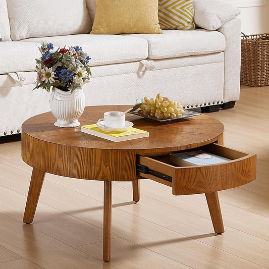Round Wood Coffee Table for Living Room, Modern Farmhouse Table with Drawer, Wooden Circle Coffee Table, 29.14" L X 29.14" W X 15.87" H