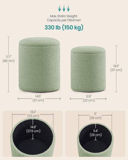 Vanity Stool, Set of 2, round Storage Ottoman, Small Ottoman Coffee Table, Foot Stool, Removable Lid, for Living Room, Bedroom, Hallway, Easy Assembly, Teddy Fleece, Laurel Green ULOM013CZ01