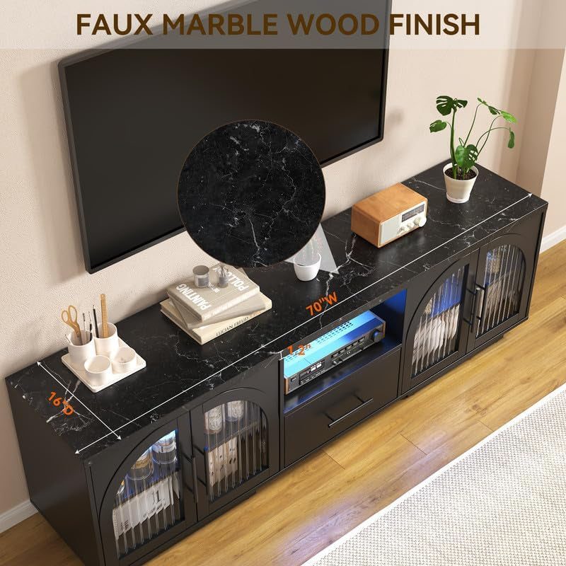 70" LED TV Stand with Storage for 75/80" Tvs, Faux Marble Entertainment Center with Arched Fluted Glass Doors - Modern Television Stands Console for Living Room, Bedroom, Black