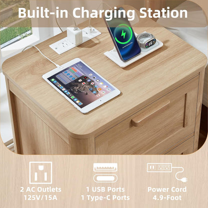 Farmhouse Nightstand with Charging Station, End Tables Bedroom with 2 Large Drawers & 4 Thickened Table Legs, Natural Wood