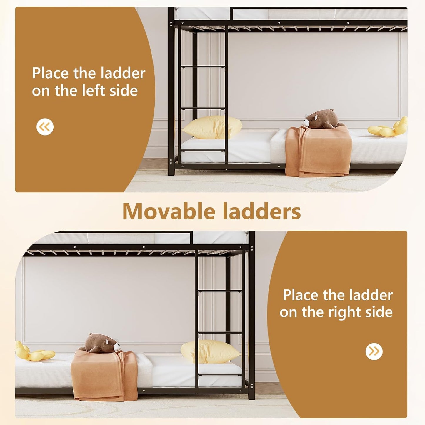 Bunk Bed Twin over Twin, Metal Twin Size Bed Frame with Safety Guardraild for Boys Girls, Junior, Low Profile Space Saving Design, Mattress Not Included (Black)