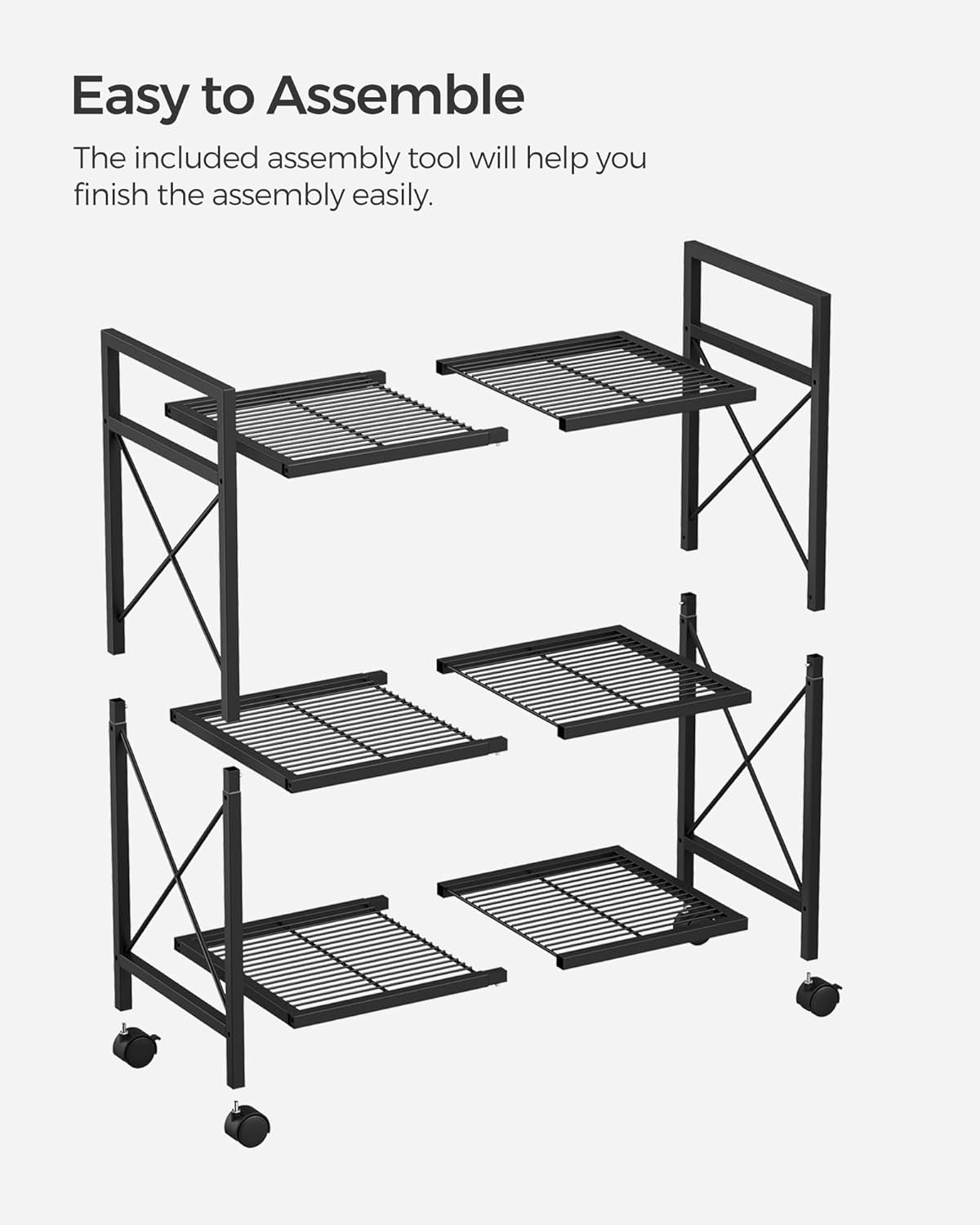 3-Tier Metal Storage Rack with Wheels, Mesh Shelving Unit with X Side Frames, 23.6-Inch Width, for Entryway, Kitchen, Living Room, Bathroom, Industrial Style, Black UBSC163B01