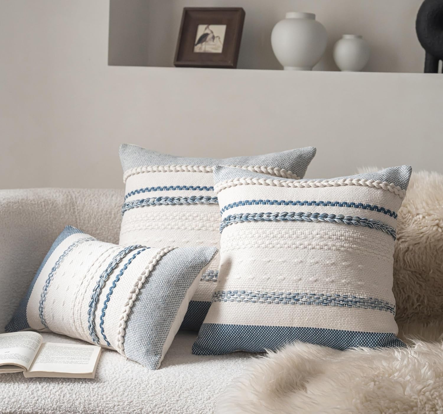 Boho Throw Pillow Covers 18X18 Inch Set of 2, Blue Textured Decorative Couch Pillow Cases for Farmhouse Home Decor, Accent Cushion Cover for Sofa, Bed, Living Room, Bedroom