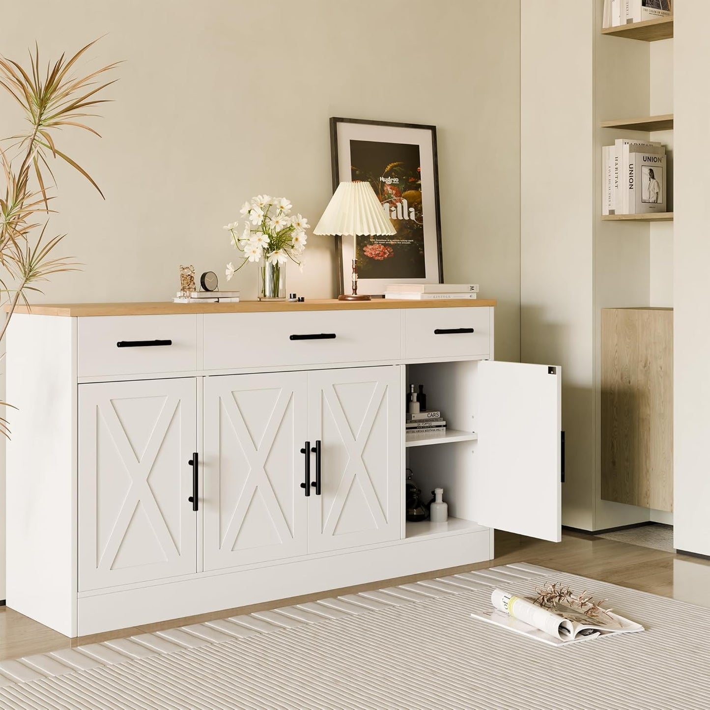 Buffet Cabinet with Storage, Farmhouse Storage Cabinet with 4 Doors and 3 Drawers, Wood Buffet Table with Adjustable Shelf for Living Room, White