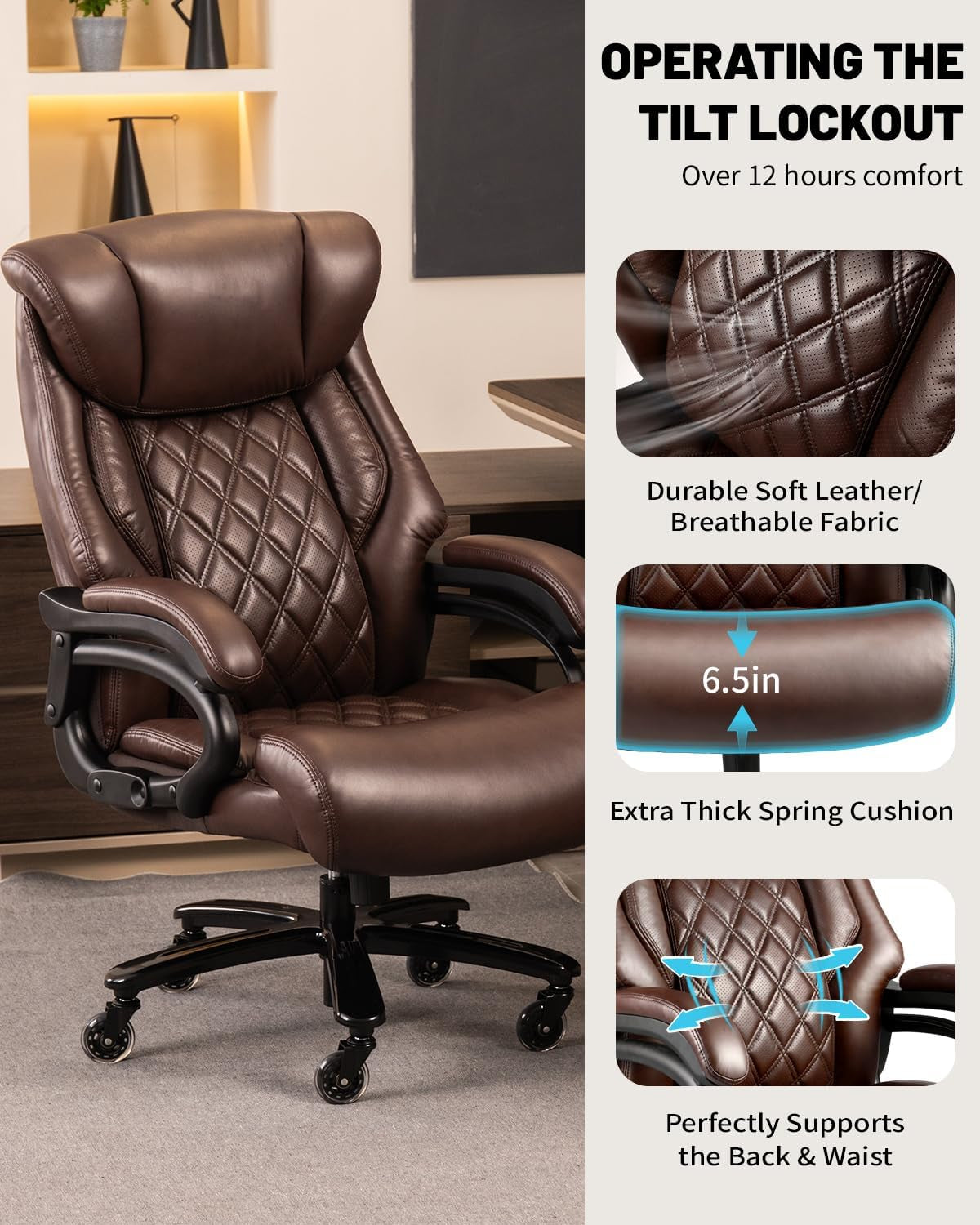 800Lbs Executive Office Chairs, Big and Tall Desk Chair with Adjustable Lumbar Support, Office Chair for Heavy People, Leather Computer Chair with Quiet Rubber Wheel and Extra Wide Seat