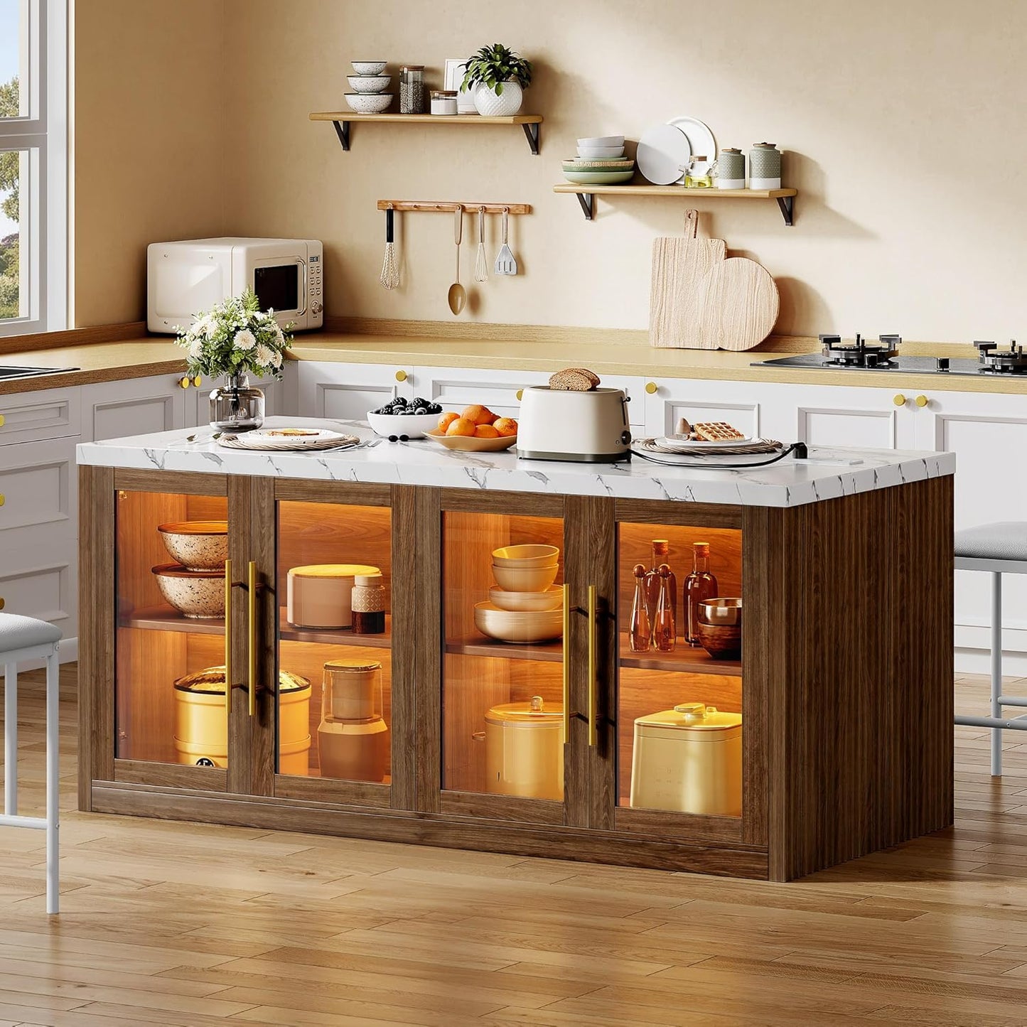 Kitchen Island with Storage, 57" W Large Island Table with Seating/Led Light for Dining Room, Kitchen Carts on Wheels Breakfast Bar Table W/Power Outlet, Walnut