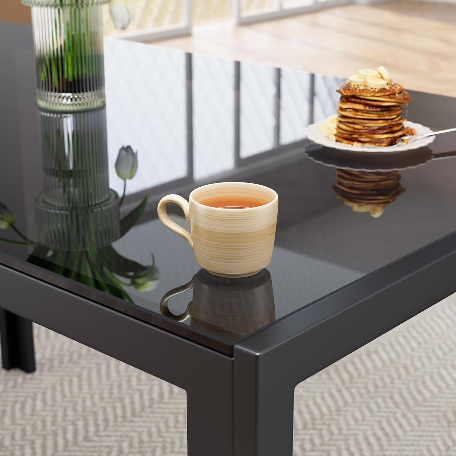 Kitchen Dining Table Set for 4, Tempered Glass 5 Piece Table and Chairs Set Modern for Home, Kitchen, Living Room, Dining Room (Black)