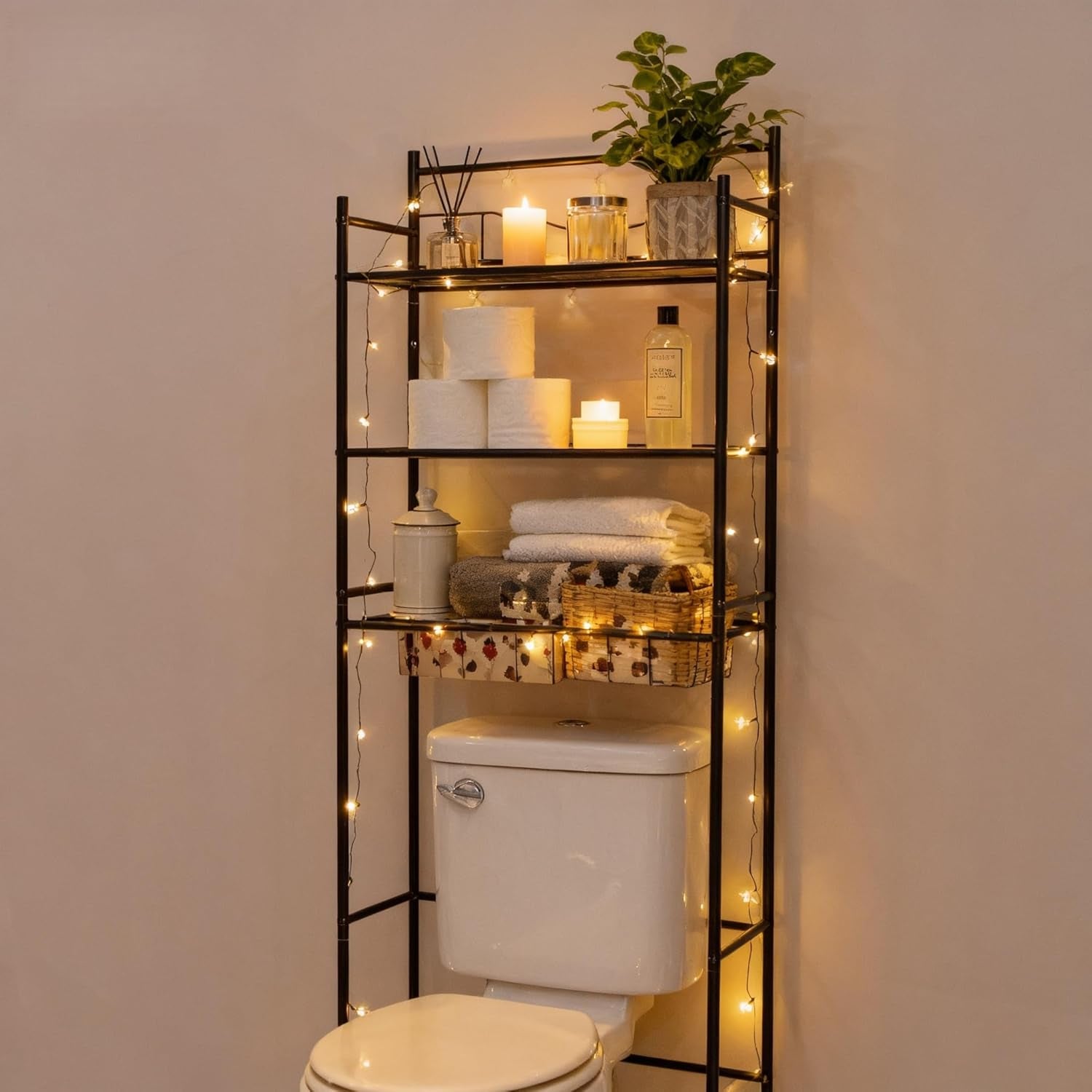 Over Toilet Bathroom Organizer, 59.75" H 3-Shelf Steel Storage Unit Wall Mount, Black — Better Stability Bathroom Shelves for Towels, Paper & Utility Room, 30 Lbs Capacity