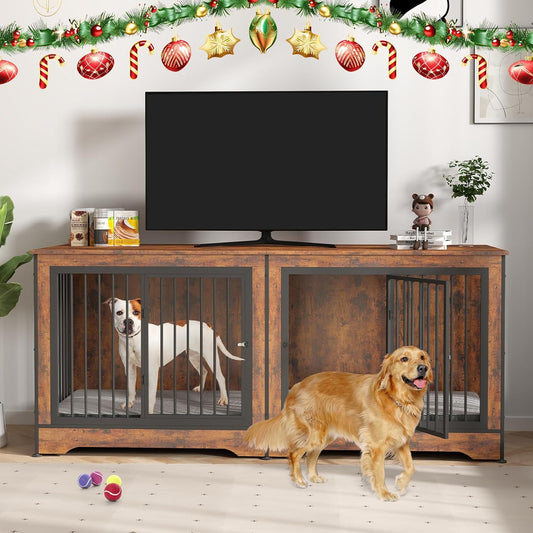 Double Dog Crate, TV Stand, 75 Inch Dog Crate Furniture for 2 Dogs, Dog Kennel Indoor with Double Doors, Dog Cage with Removable Divider for Large Medium Dogs, Brown