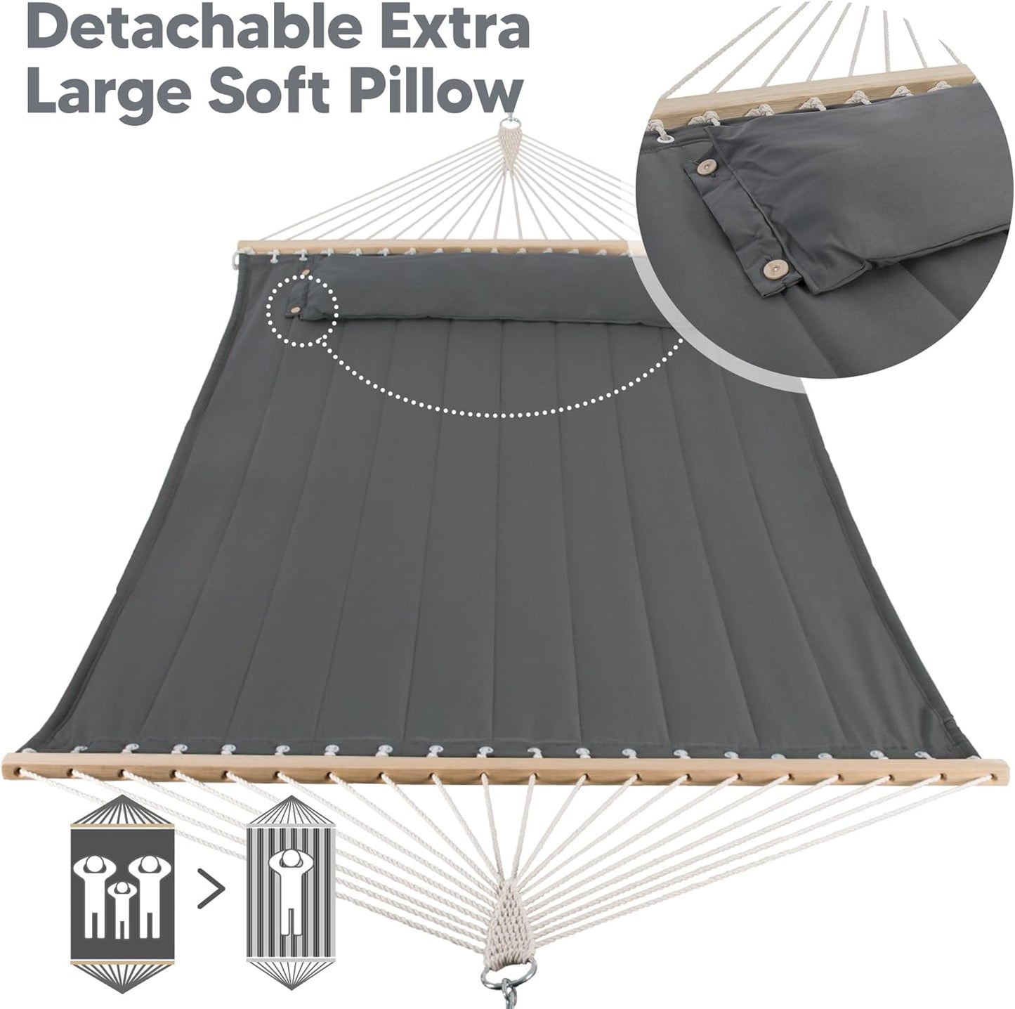 Portable Tree Hammock with Hardwood Spreader Bar, Extra Large Soft Pillow, Heavy Duty 2 Person Hammock for Indoor, Outdoor, Gray
