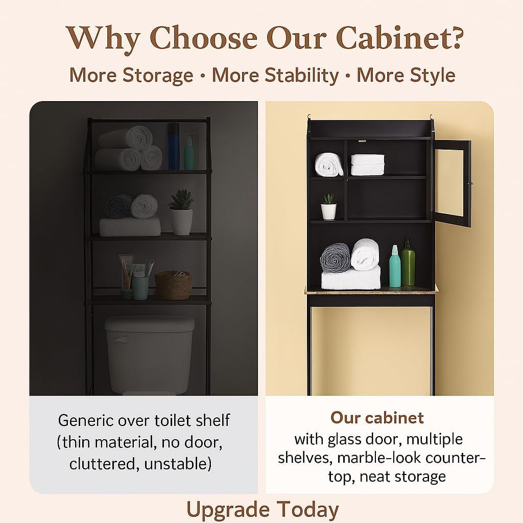 Over Toilet Space Saver Cabinet – Bathroom Organizer with Enclosed Door, Open Storage & Marble-Look Shelf (Espresso)