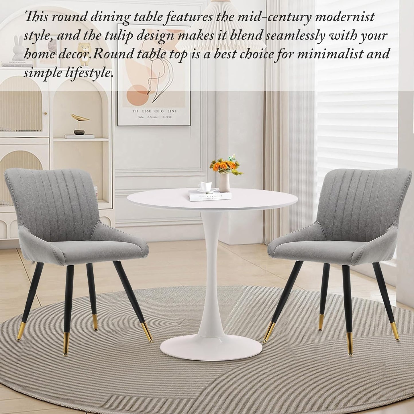 White round Dining Table, 31.5" Tulip Table Kitchen round Dining Table for 2-4 People with MDF Table Top and Metal Pedestal Base, Mid-Century Leisure Table for Home, Dining Room, Cafe