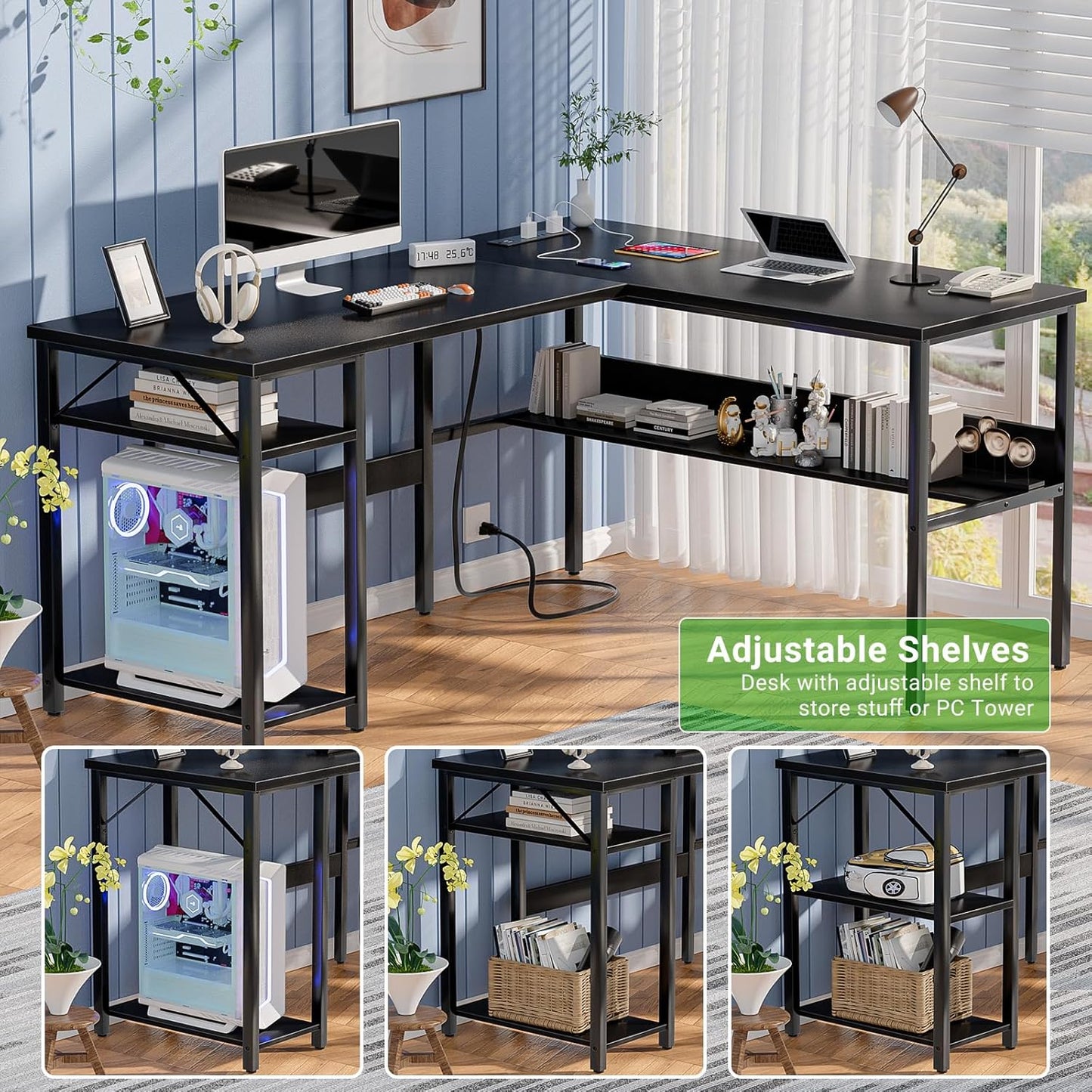 Reversible L Shaped Desk with Magic Power Outlets and USB Charging Ports, Sturdy Corner Computer Desk with Storage Shelves, Gaming Table Home Office Desk, Easy to Assemble, Black
