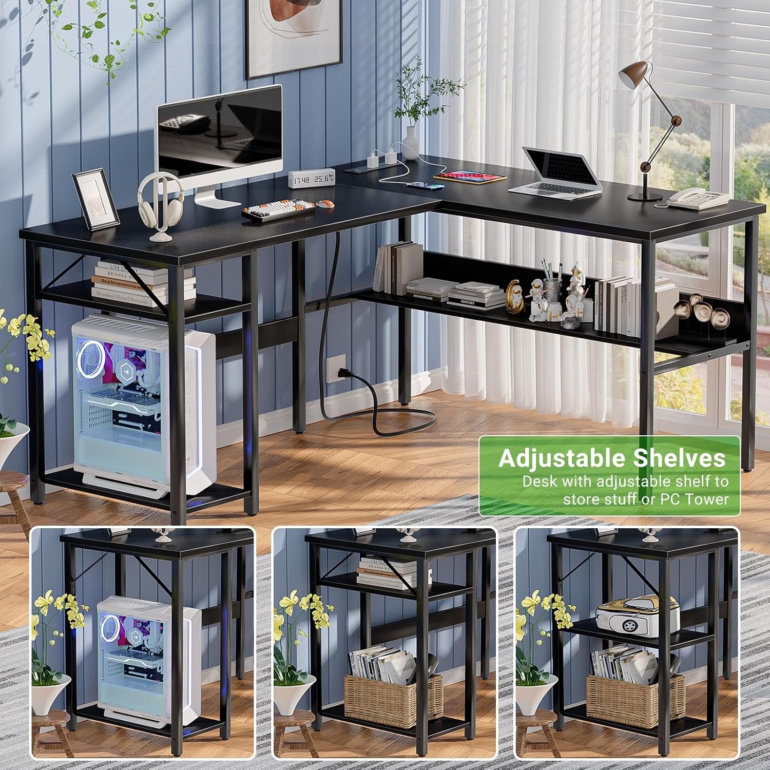 Reversible L Shaped Desk with Magic Power Outlets and USB Charging Ports, Sturdy Corner Computer Desk with Storage Shelves, Gaming Table Home Office Desk, Easy to Assemble, Black