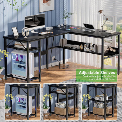 Reversible L Shaped Desk with Magic Power Outlets and USB Charging Ports, Sturdy Corner Computer Desk with Storage Shelves, Gaming Table Home Office Desk, Easy to Assemble, Black