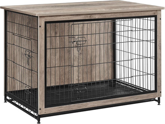 Dog Crate Furniture, 44.1" Side End Table, Modern Kennel for Dogs Indoor up to 80 Lb, Heavy-Duty Dog Cage with Multi-Purpose Removable Tray, Double-Door Dog House, Greige UPFC004G01