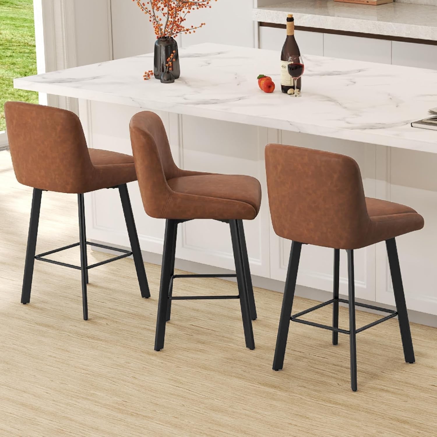 Swivel Bar Stools Set of 3, 26''H Upholstered Barstools with Backs, Modern Counter Height Bar Stool Chairs for Kitchen Island, Metal Legs, Faux Leather, Brown Counter Stools