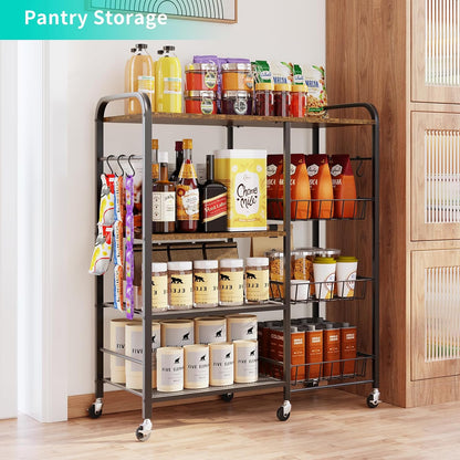 Rolling Kitchen Microwave Cart - 4 Tier Microwave Table Stand with Pull-Out Baskets, Coffee Bar Baker'S Rack with Wheels Rolling Storage Cart Organizer Shelf for Living Room Office, Balcony