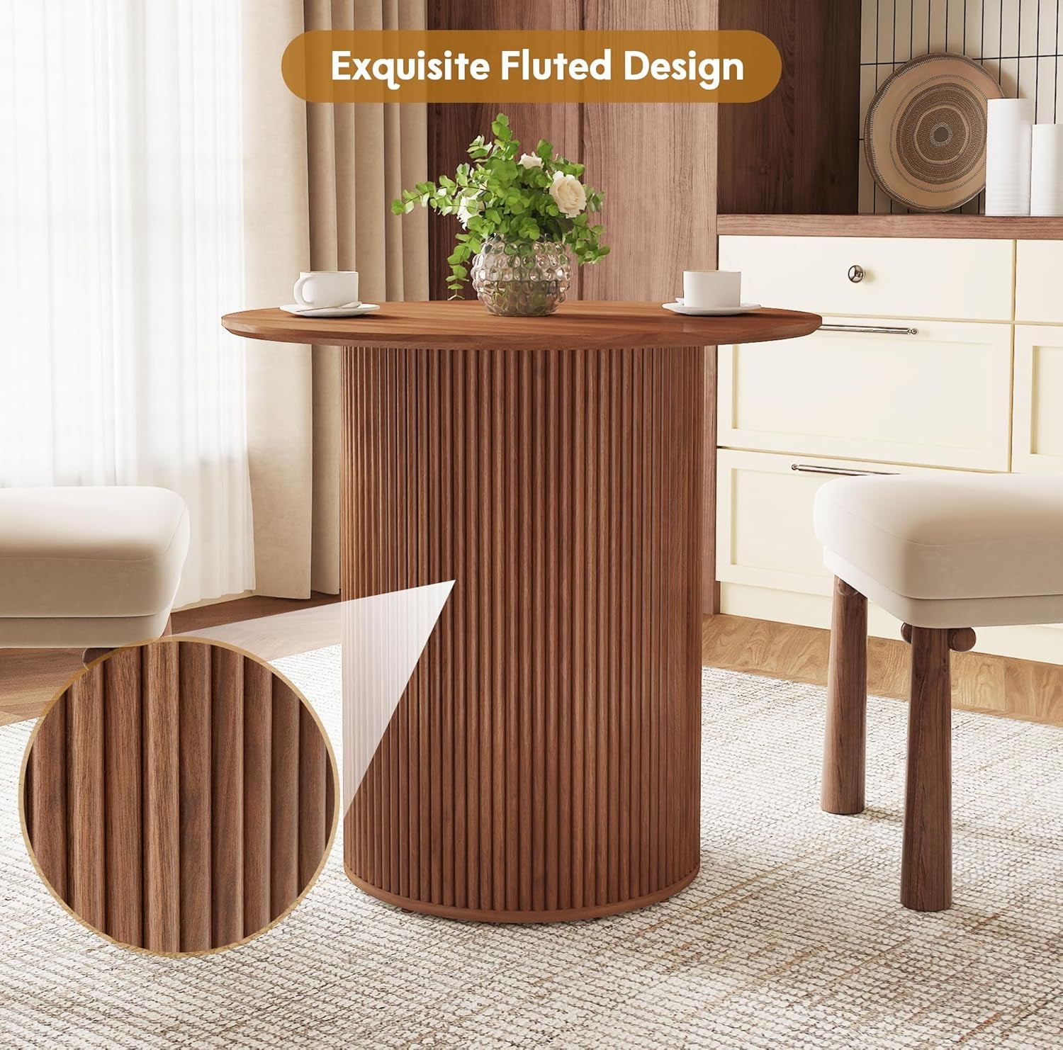 31.5" round Dining Table for 2 People, Small Kitchen Dinner Table with Fluted Wood Base, Farmhouse Circle Dining Tables for Home, Kitchen, Dining Room, Living Room (Walnut)