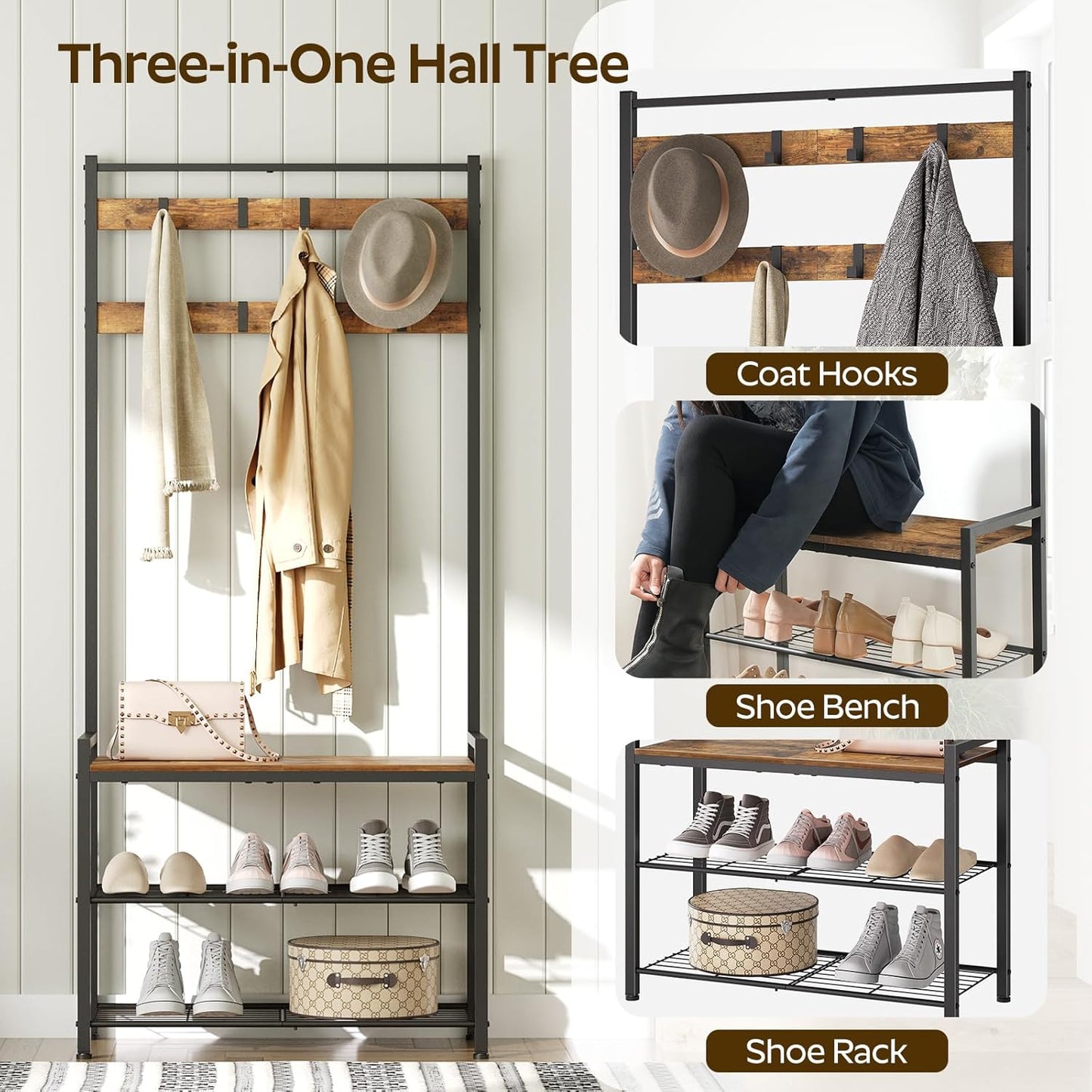 Hall Tree, Coat Rack with Shoe Bench, Entryway Bench with Shoe Storage, Multifunctional Entryway Storage Organizer, Metal Frame and 8 Movable Hooks, for Hallway, Rustic Brown MT01BR