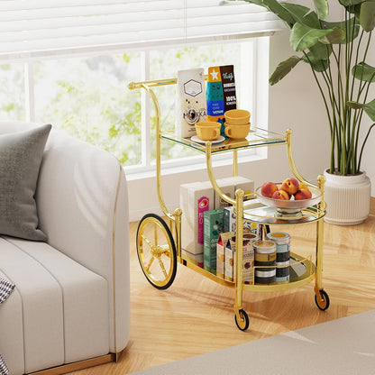 Bar Cart, 3-Tier Rolling Home Bar Serving Cart with Mirrored Shelves & 4 Wheels, Mobile Beverage & Wine Cart for Kitchen, Dining Room, Living Room (Gold)