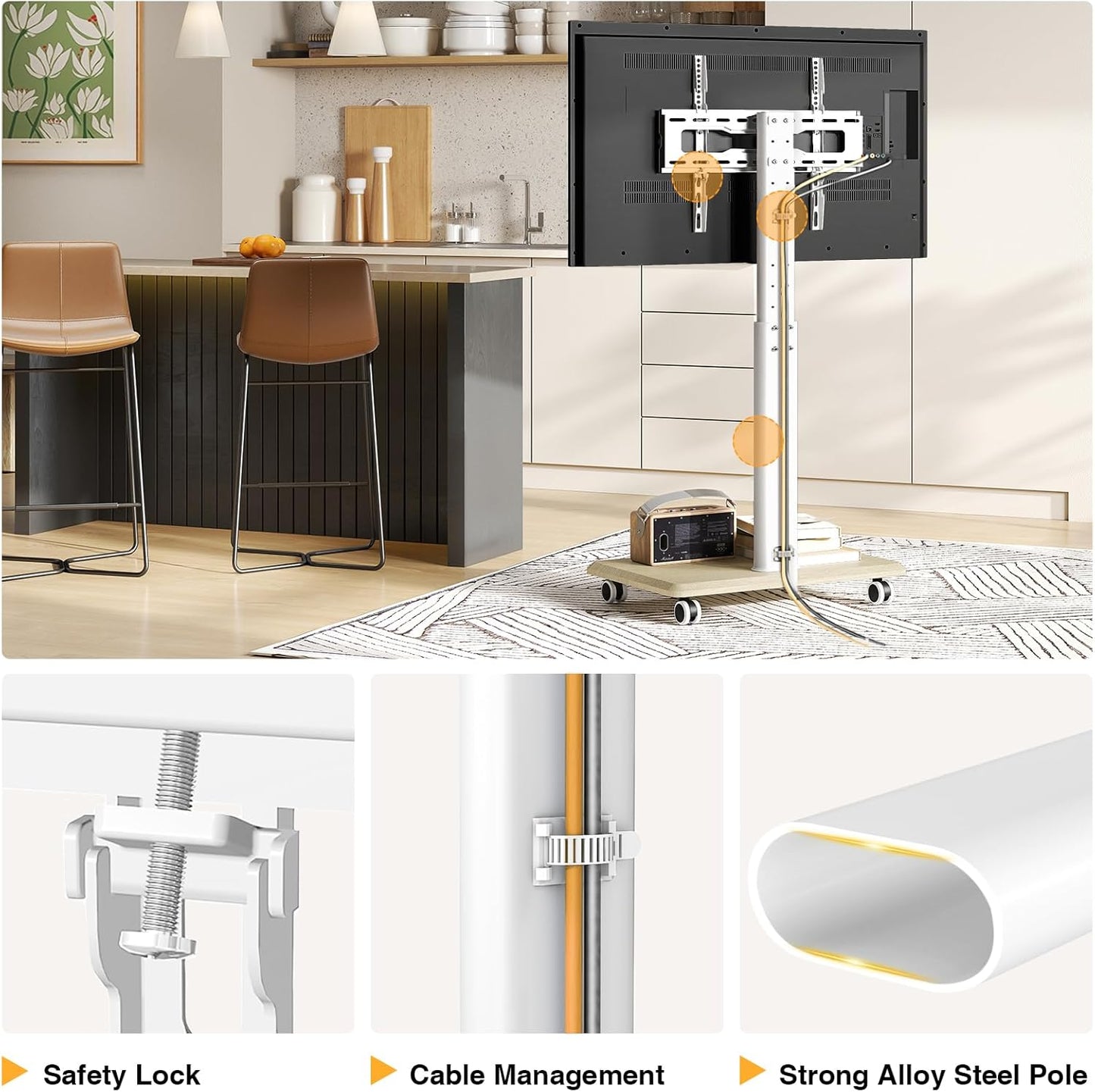 Rolling TV Stand for 32 to 65 70 Inch Tvs, Elegant Floor TV Stand with Wheels, Mobile TV Cart with 9 Levels of Height Adjustment for Optimal Viewing, White Floor Stand for Living Room