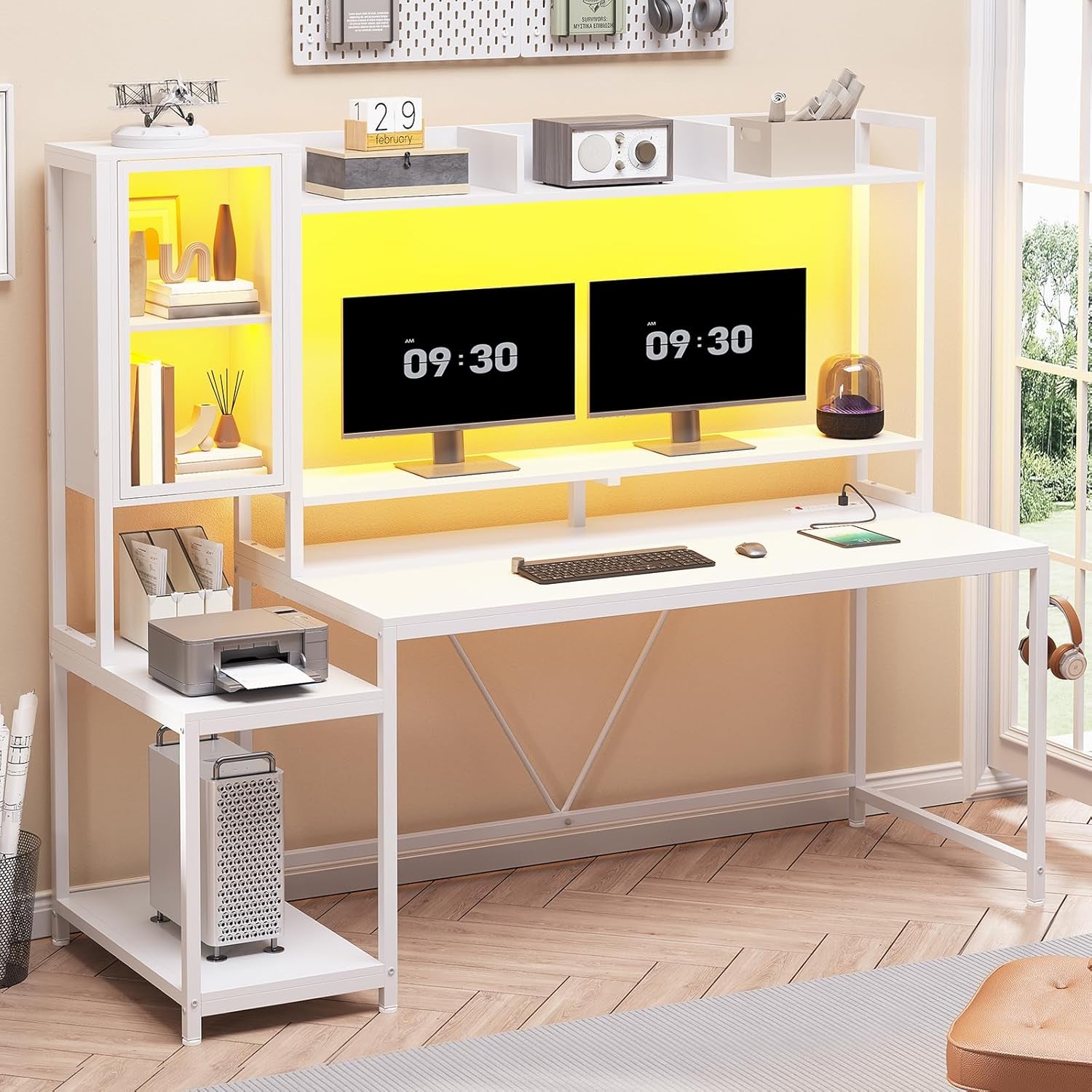 White Gaming Desk, 60'' Gaming Desk with Hutch and LED Lights, Computer Desk with Storage Shelves, Large PC Gamer Desk with Display Cabinet, Monitor Stand, Power Outlet for Home Office